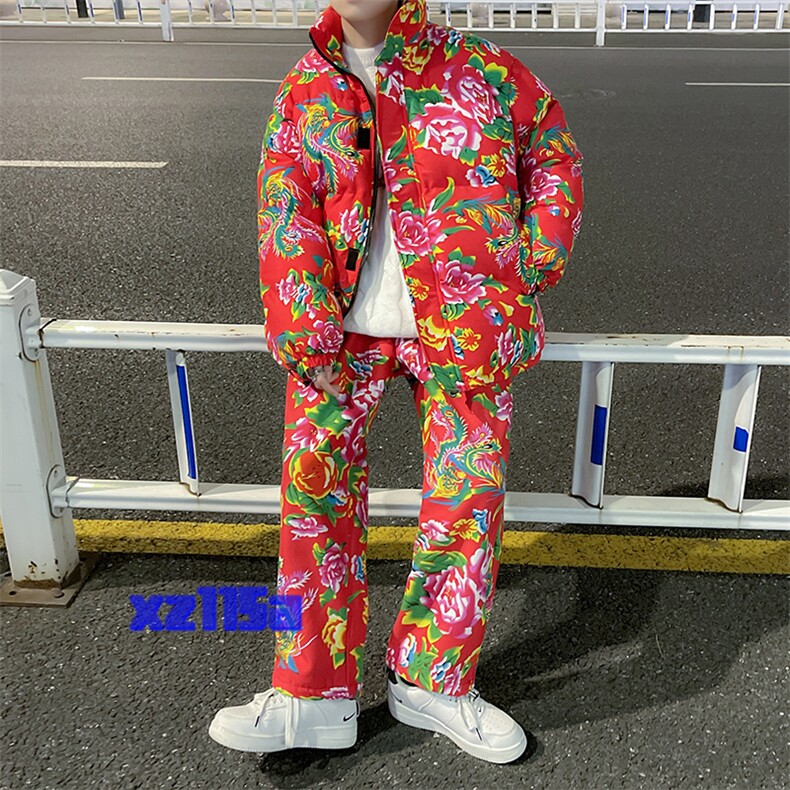 Z01情侣东北大花风民族风特色棉衣加绒裤套装大码男女土潮装图片