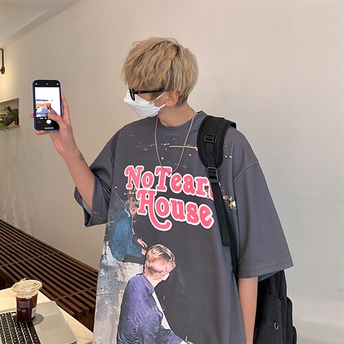 2023夏新款 港风 满版图案印花宽松圆领短袖T恤上衣 T2224-P40图片