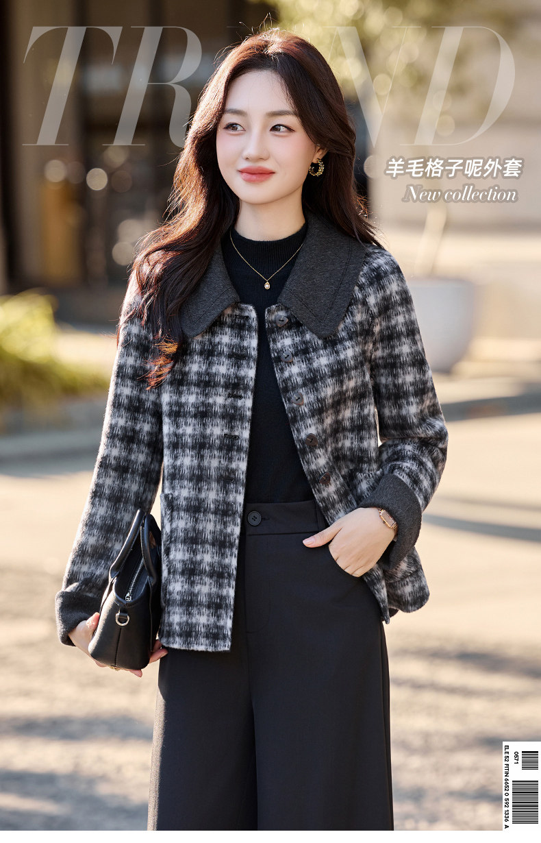 小香风格纹毛呢短外套女2025秋冬新款减龄气质翻领双面羊毛呢大衣,女装毛呢外套,涵亦佰惠