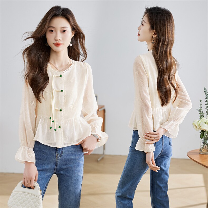 新中式国风重工刺绣盘扣设计感衬衫女2025春夏季新款蕾丝花边上衣，女装衬衫，采品优优
