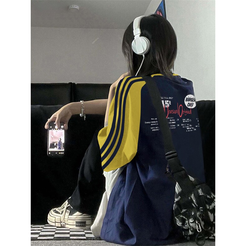 夏季美式高街重磅纯棉三条杠织带插肩撞色男女短袖T恤CZ72-特P25,男装T恤,电商A486
