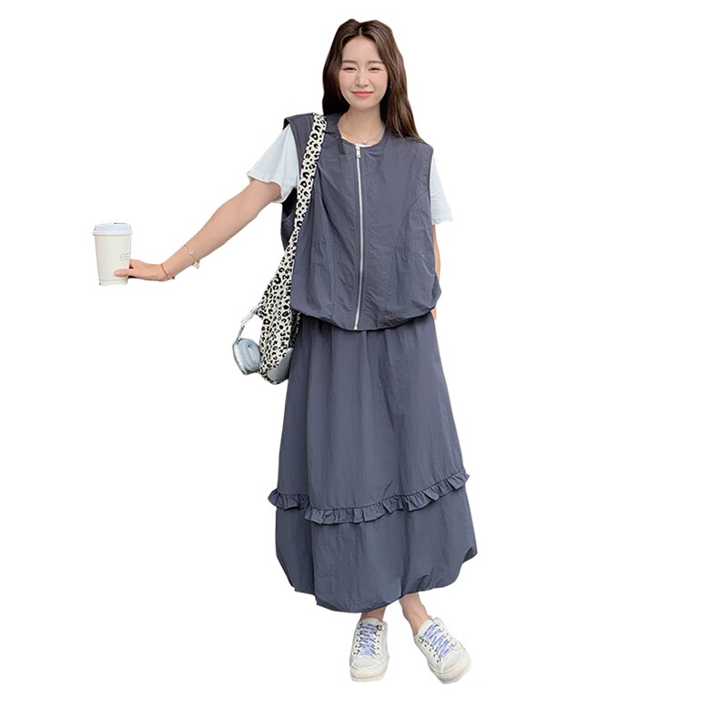 韩版工装马甲花苞半身裙T恤套装女2025夏季新款减龄超好看三件套,女装套装/套裙,1D066-1