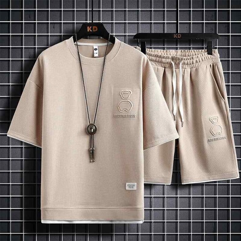 7540-P60华夫格短袖T短裤套装男士夏季打底体恤衫宽松潮牌休闲图片