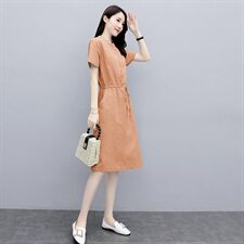 复古棉麻抽绳连衣裙，女装连衣裙，希欧阁