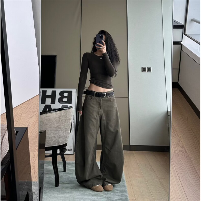 美式复古美拉德棕色弯刀牛仔裤男女直筒阔腿长裤K9004-P58网络图，女装牛仔裤，电商B245