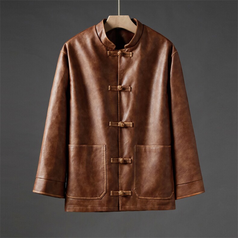 新中式休闲PU皮小众设计感外套盘扣手工擦皮工艺大码唐装JK205,男装民族服装,星座305A（原312A-1）