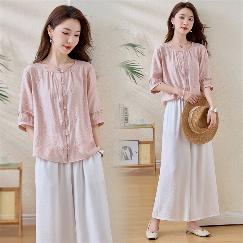 新中式国风套装女2025夏季新款高级感气质显瘦上衣阔腿裤两件套，女装套装/套裙，魅影