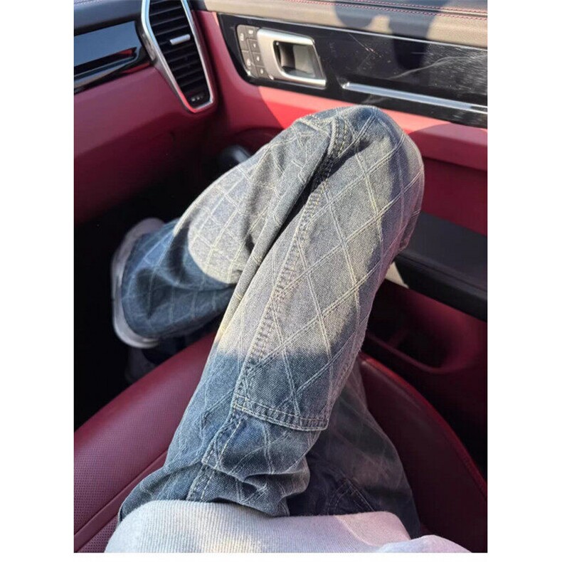 网图 高街菱形格牛仔裤男设计微喇直筒长裤1001-1-B089-P52图片