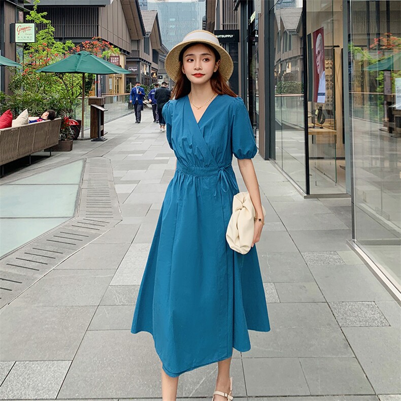 现货2021夏季双系带泡泡袖连衣裙浙宝292A货号W002,女装连衣裙,时倾STUDIO