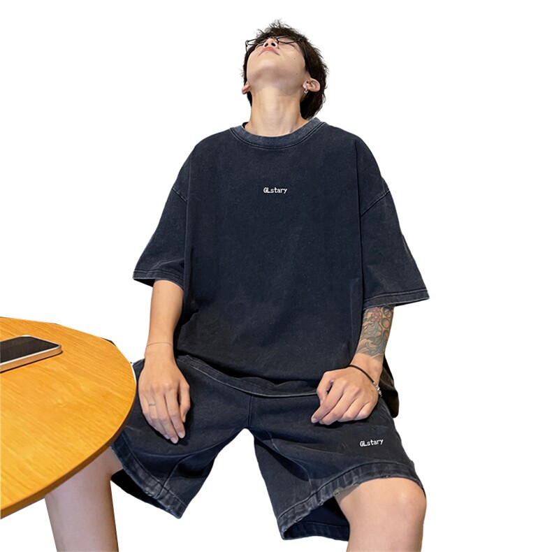 wassuphappy水洗做旧短袖t恤男夏季潮流休闲运动套装帅气两件套,男装休闲套装,电商B371