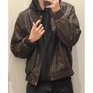复古PU皮短款皮衣男秋冬季美式痞帅机车工装夹克外套 JF829图片
