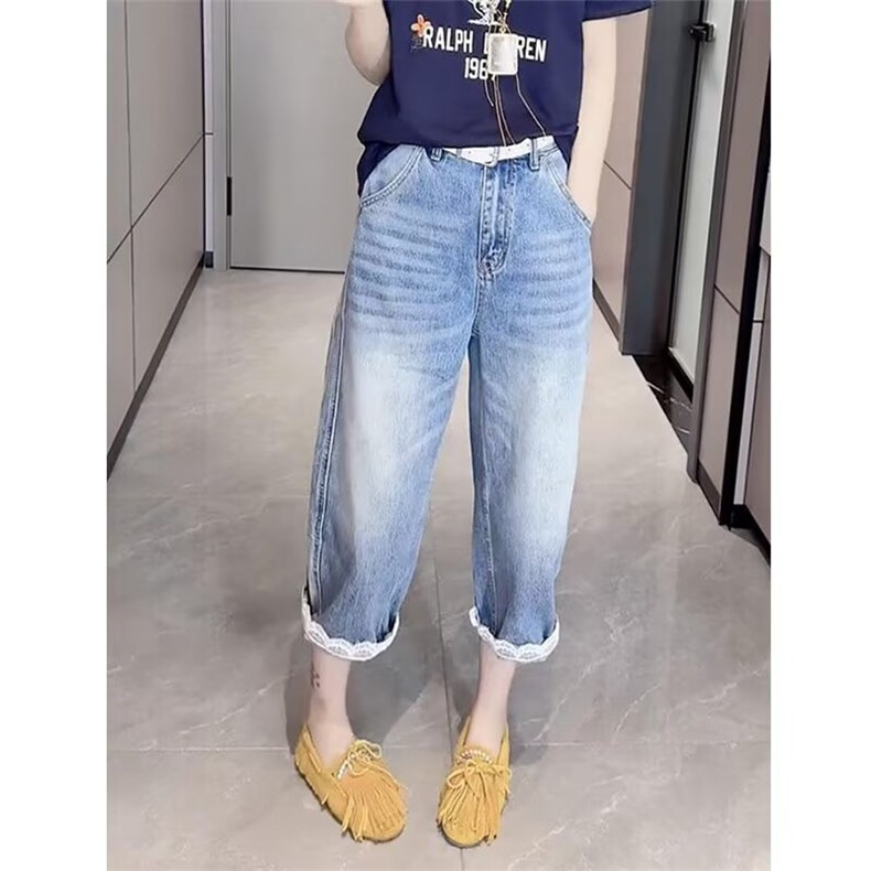 2025夏季新款八分直筒牛仔裤女显瘦拼接弯刀裤大码薄款遮肉阔腿裤,男装牛仔裤,星座1210-1
