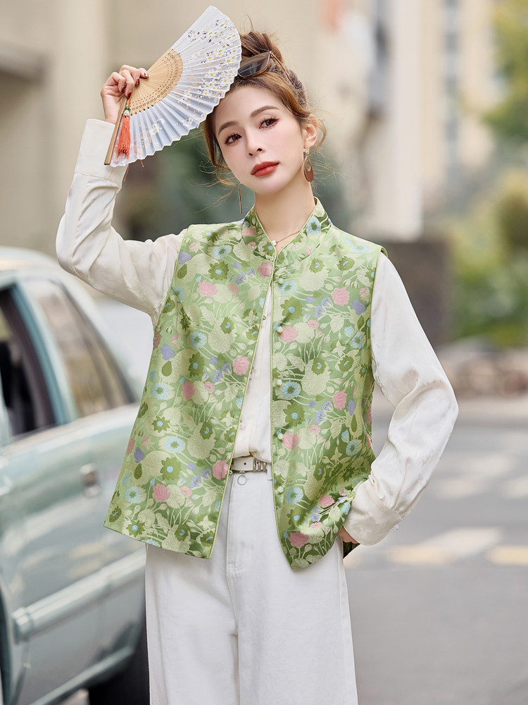 新中式马甲女春秋新款时尚洋气坎肩提花刺绣马夹衬衣两件套潮,女装套装/套裙,微微衣阁
