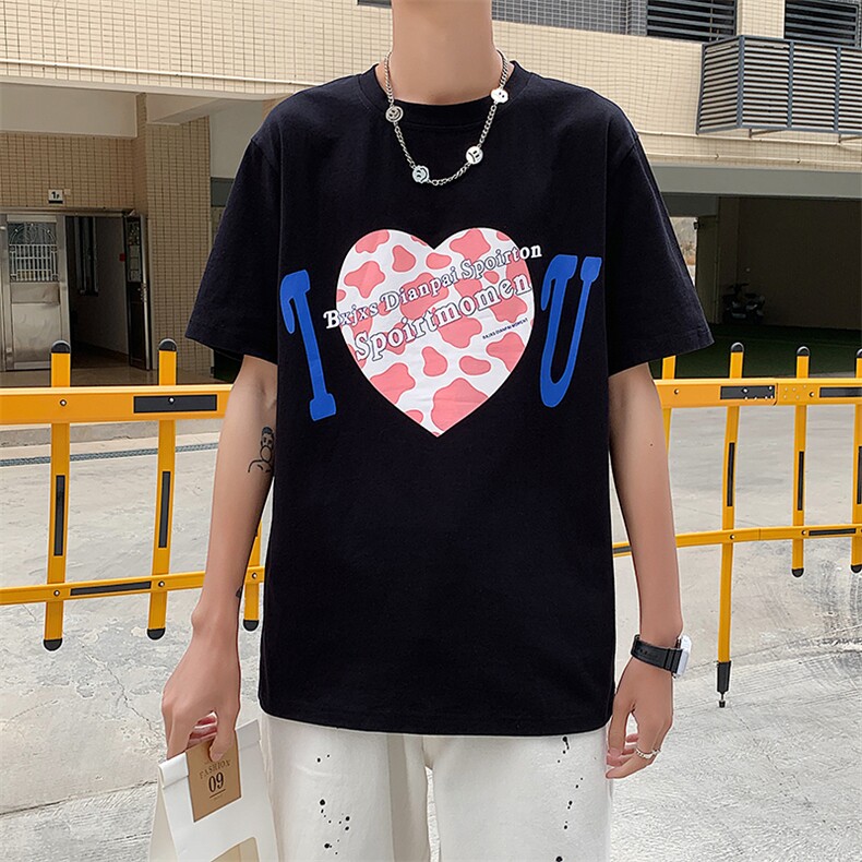 港风新款奶牛爱心印花T恤男夏季韩版学生情侣装半袖衫T126P35控49,男装T恤,电商A089-1