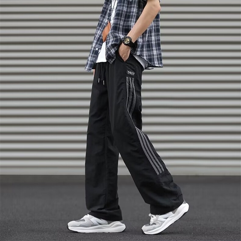 三杆条纹裤子男款夏季薄款美式冰丝速干工装裤直筒运动休闲长裤,男装工装外套,星座1013