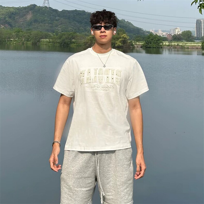万针全刺绣工艺抖音得物高品质260克重磅纯棉双纱美式高街短袖T恤,男装T恤,电商A486