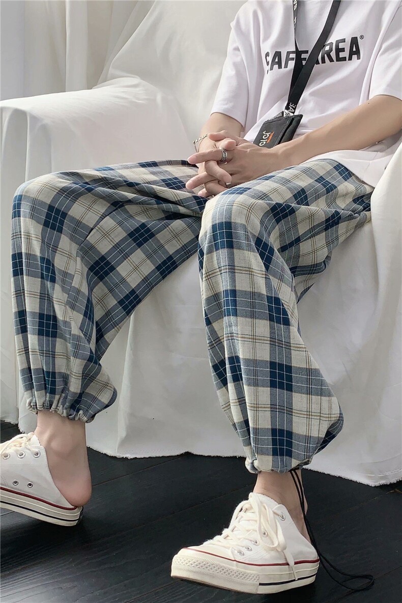 格子休闲裤子N潮ins夏季薄款宽松显瘦百搭直筒裤高腰垂感阔腿,男装休闲裤,星座218-1（原230）