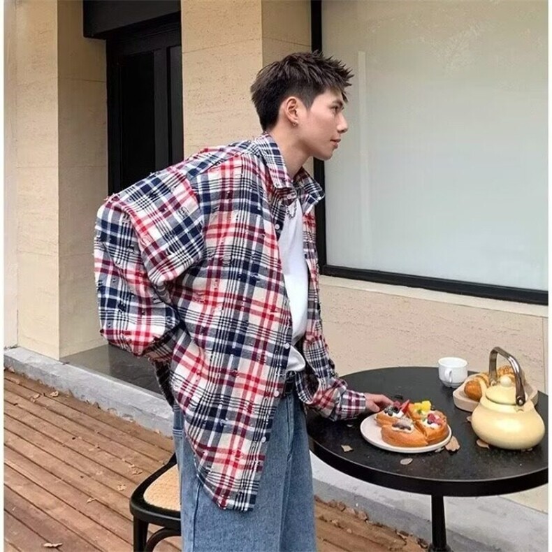 W9490-P43网图现货新款高质量格子磨破衬衫宽松潮流百搭外套,男装衬衫,星座1608-2