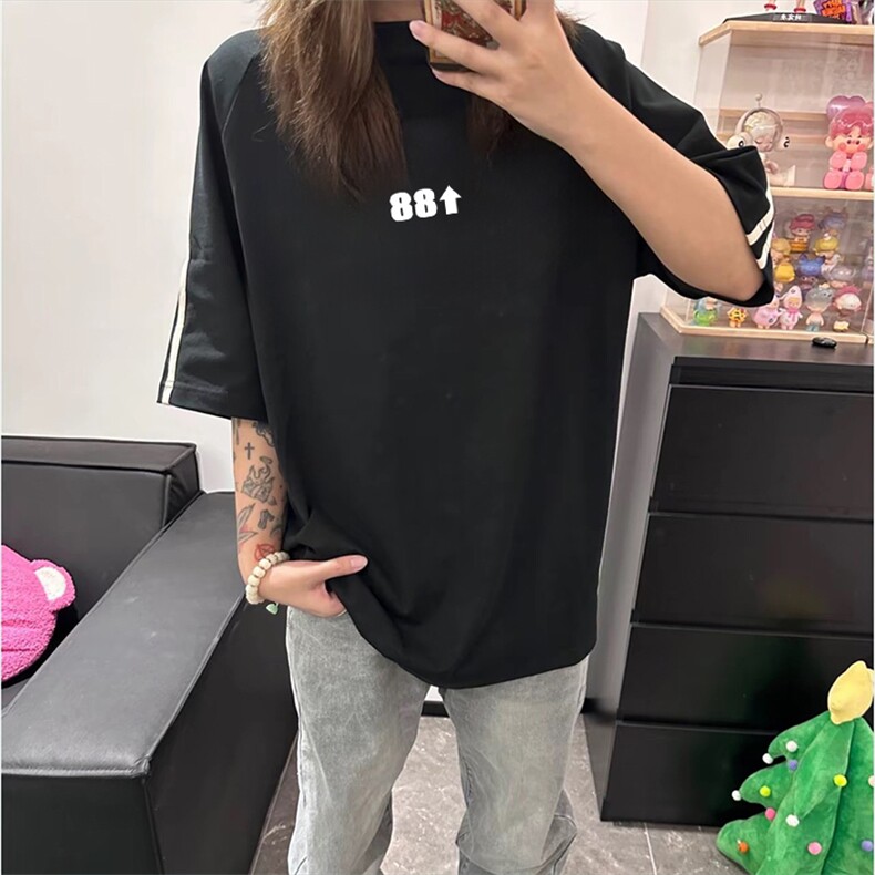 抖音得物高品质二开240克宽松纯棉美式潮牌三条杠织带短袖T恤,男装T恤,电商A486-1