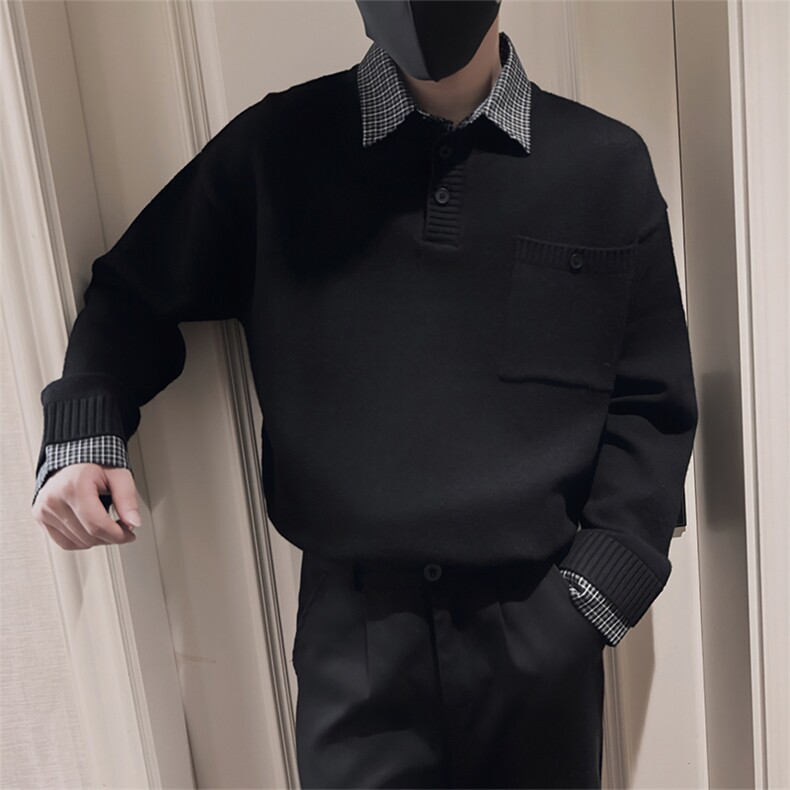 LV287/P88控118冬季元素格纹衬衫领假两件轻奢毛衣男黑首1，男装针织衫/毛衣，星座305B