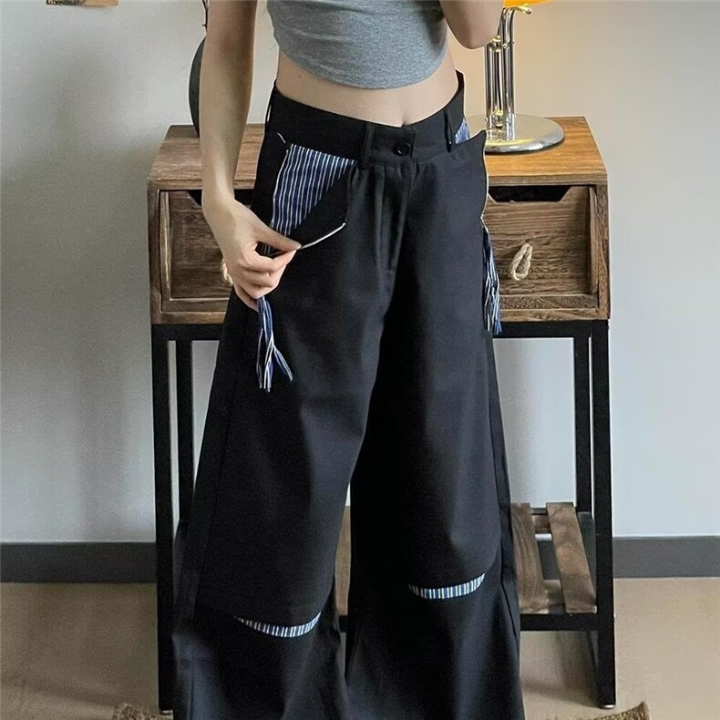 破口拼接条纹设计弯刀裤男女学院风美式高街半松紧微喇黑色西裤,男装西裤,星座506A