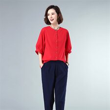 衬衫时尚百搭圆领短袖纯色宽松2021年夏季，女装衬衫，独衣靓