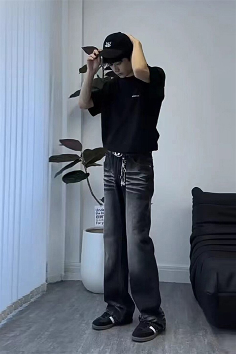 美式ins高街cleanfit重工艺水洗暗黑微喇牛仔裤货号K2401P60,男装牛仔裤,电商A063