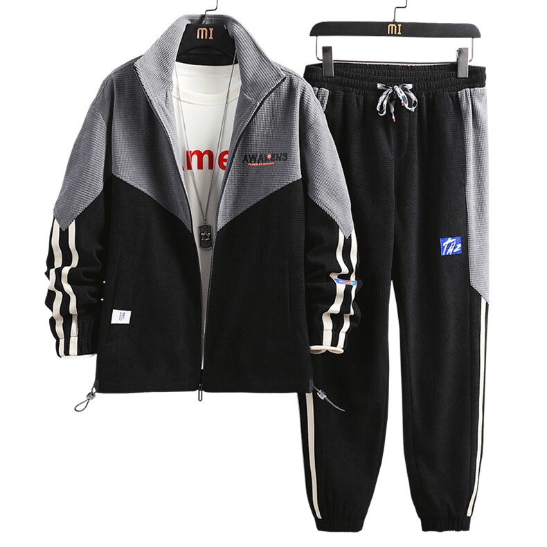 秋季新款学生立领拼接大码港风夹克外套休闲运动套装男TZD13P130图片