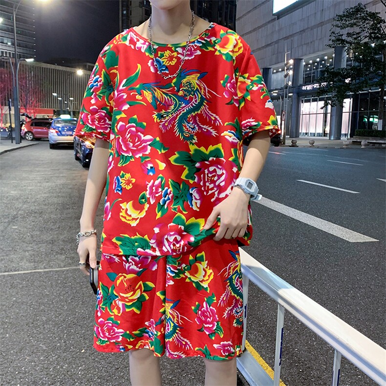 TZ203男女休闲东北大花短袖圆领T恤衫短裤可套装单选团队服风,男装牛仔裤,星座115A(原星座507）