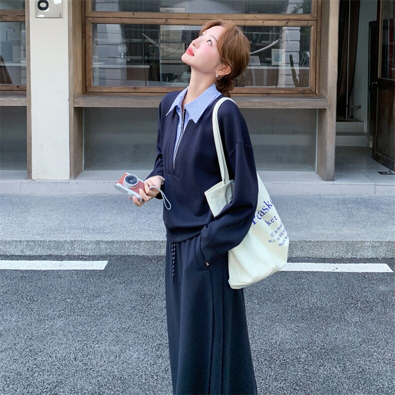 藏青色休闲条纹拼接卫衣套装女2025年春秋季新款显瘦半身裙两件套,女装套装/套裙,2C105