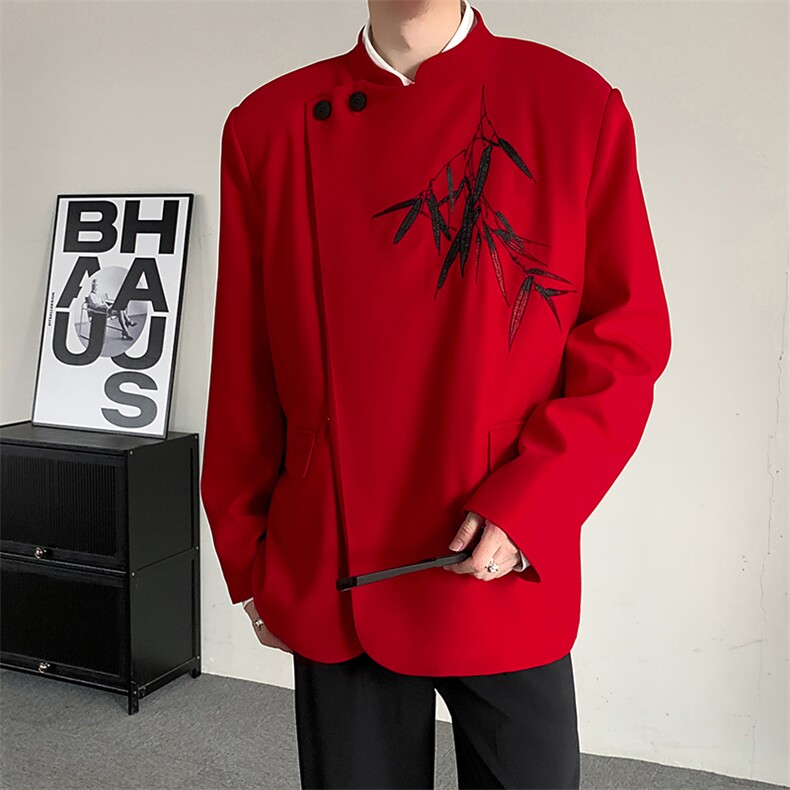 26过年喜庆立领西装结婚敬酒服新中式风竹子绣花休闲西服外套，男装西服套装，星座909