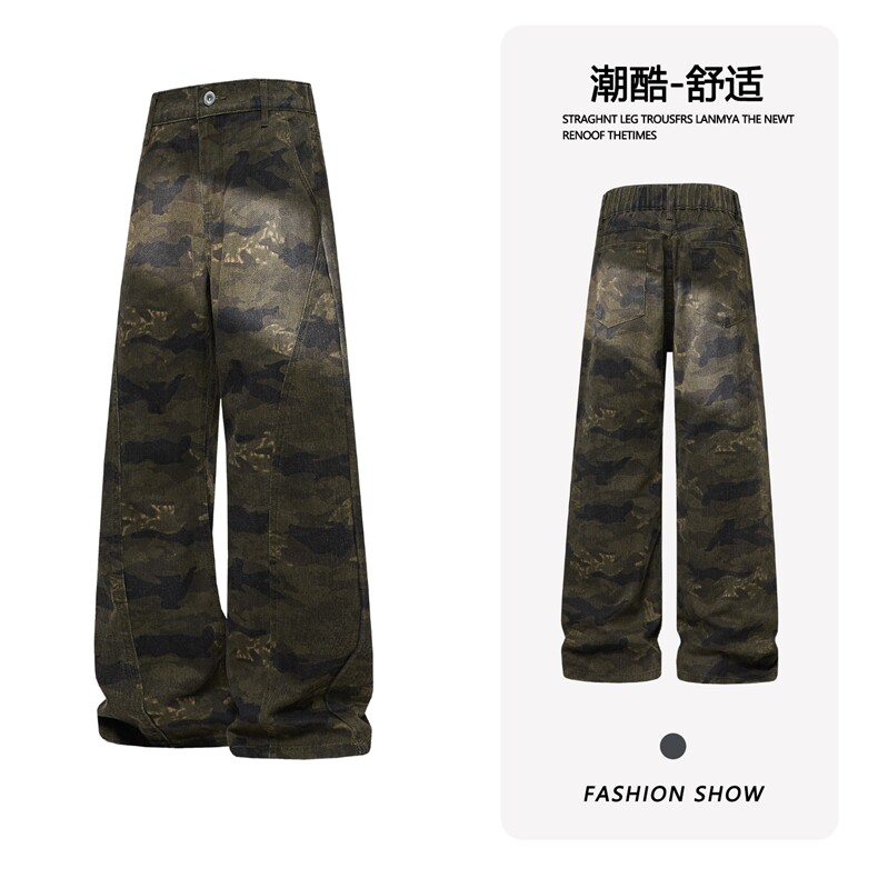 B221 美式ins高街暗黑小众修身微喇迷彩牛仔裤 LK26653-特P38控78图片