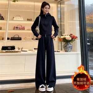 韩系修身显瘦运动套装女秋冬新款拉链开衫连帽卫衣直筒长裤两件套图片