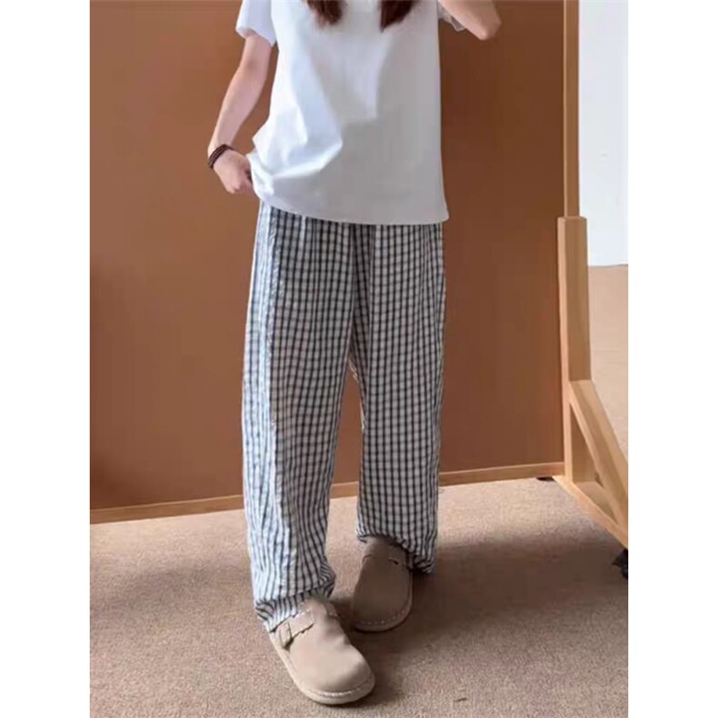 蓝色格子休闲裤女秋季新款宽松显瘦直筒阔腿长裤子LZK6177-p38，男装休闲裤，星座1008