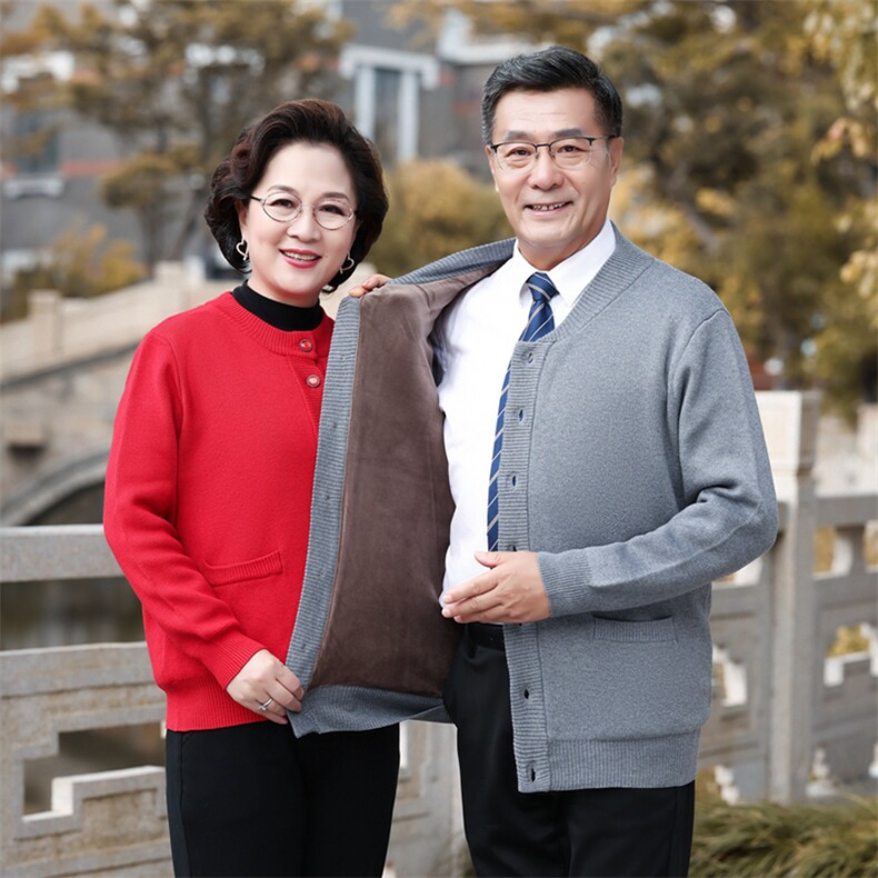中老年本命年衣服爸妈针织情侣装男女毛衣红外套爷爷奶奶羊毛开衫,女装羊毛衫,衣恋羊绒