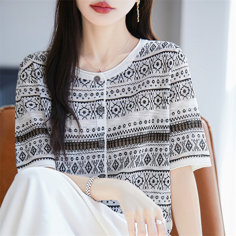 2025夏季提花针织长袖防晒衣女短袖圆领开衫上衣宽松百搭轻薄T恤,女装T恤,暖烁羊绒