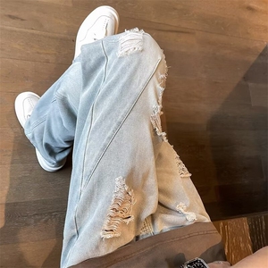 牛仔裤男夏季薄款破洞设计感裤子水洗直筒微喇裤 N7279图片