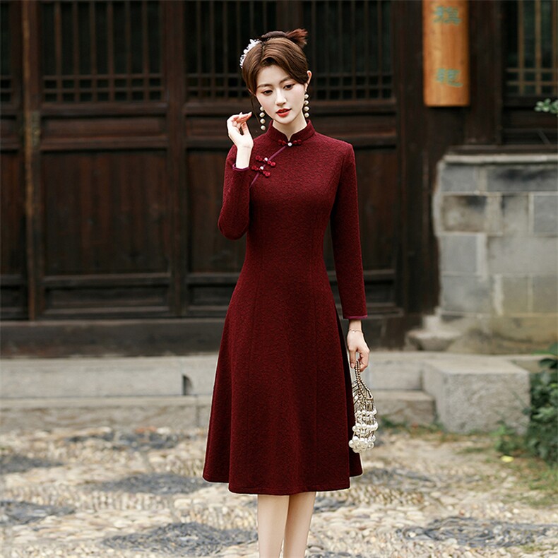 新中式风加厚弹力复合蕾丝提花长袖旗袍2553P135,女装汉服/婚纱/旗袍/礼服,乐衣轩