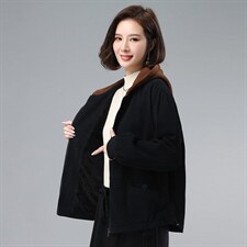 2021年冬季拼接连帽加绒外套宽松文艺开衫长袖，女装卫衣/绒衫，叶笙衣