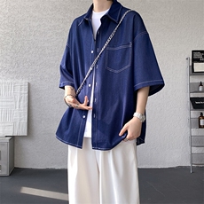 8XL-M冰丝牛仔短袖衬衫男款夏季薄款宽松慵懒衬衣外套DC28006P60，男装T恤，电商B312
