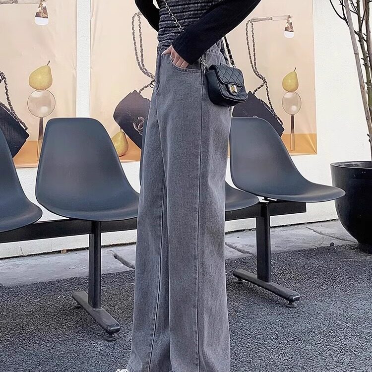 烟灰色绑带牛仔裤女秋季韩版高腰显瘦宽松百搭潮流直筒阔腿裤,男装牛仔裤,星座506A