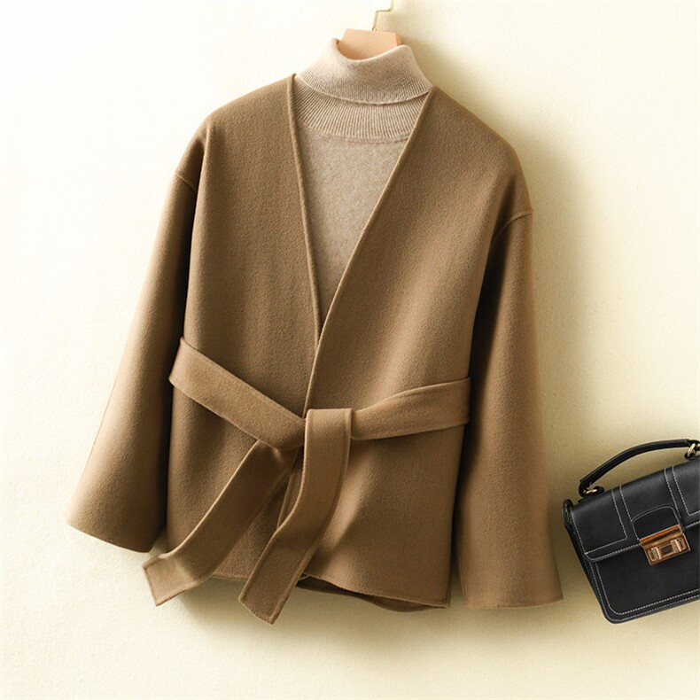 冬季双面羊绒大衣女青果领中长款宽松系带韩系小个子羊毛呢外套，女装双面呢大衣，众策羊绒