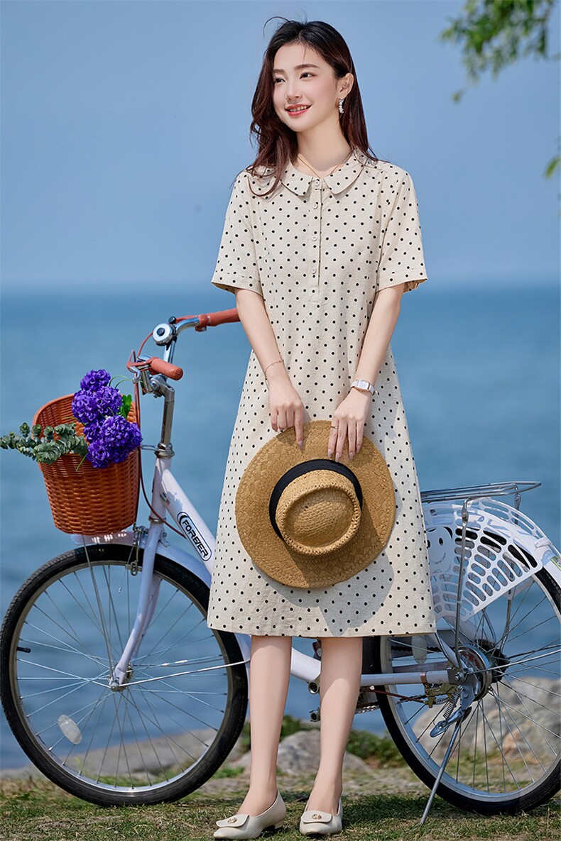亚麻连衣裙女夏季2025新款今年超火爆款气质高端棉麻波点中长裙子,女装连衣裙,韩派