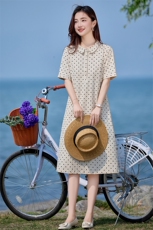 亚麻连衣裙女夏季2025新款今年超火爆款气质高端棉麻波点中长裙子，女装连衣裙，韩派