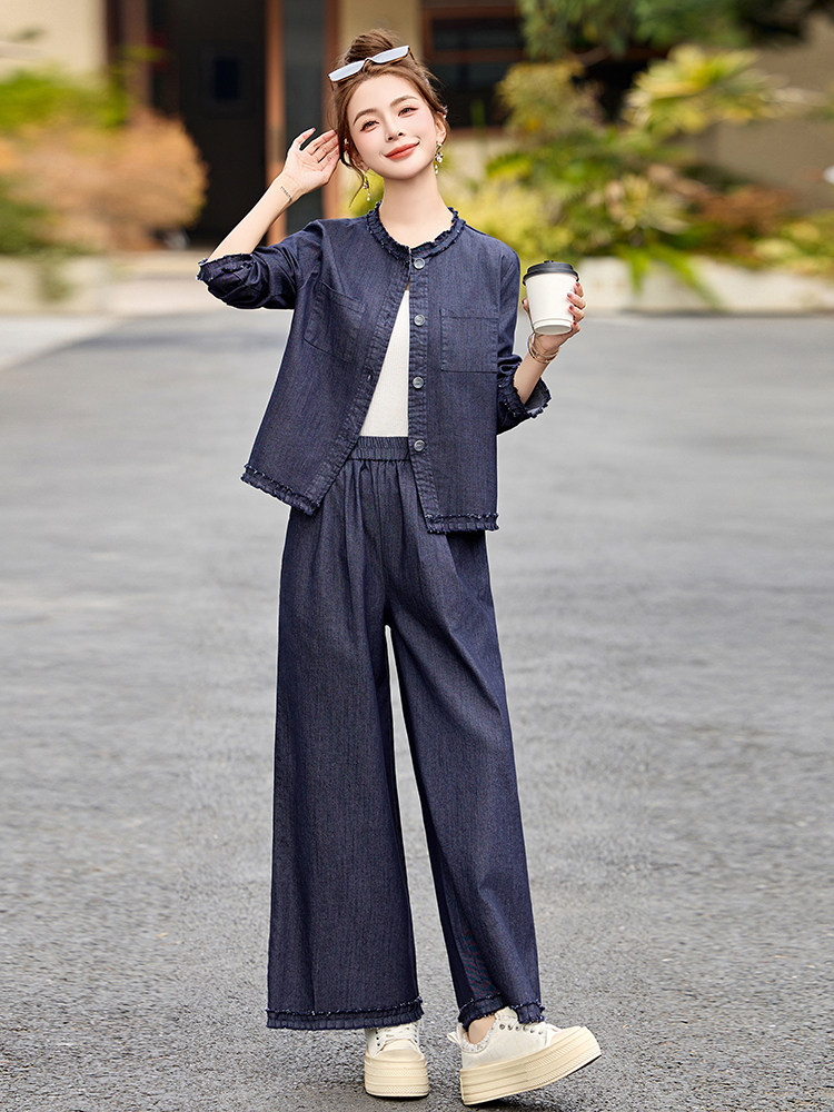 时尚休闲牛仔套装女2025春季新款超好看收腰上衣复古阔腿裤两件套,女装套装/套裙,魅影