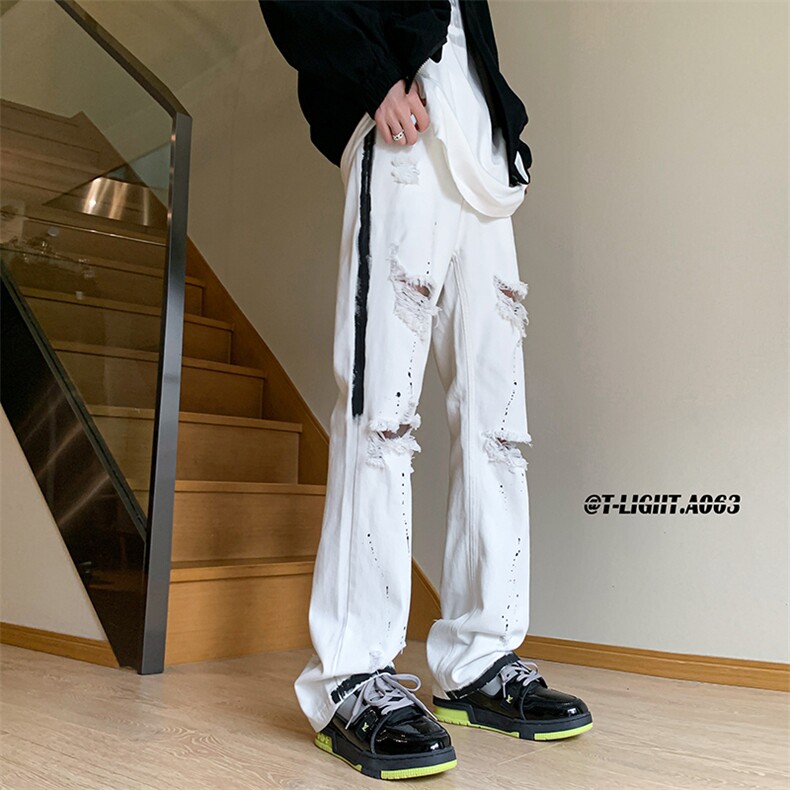 美式高街夏季破洞涂鸦黑白牛仔裤货号K739P65,男装牛仔裤,电商A063