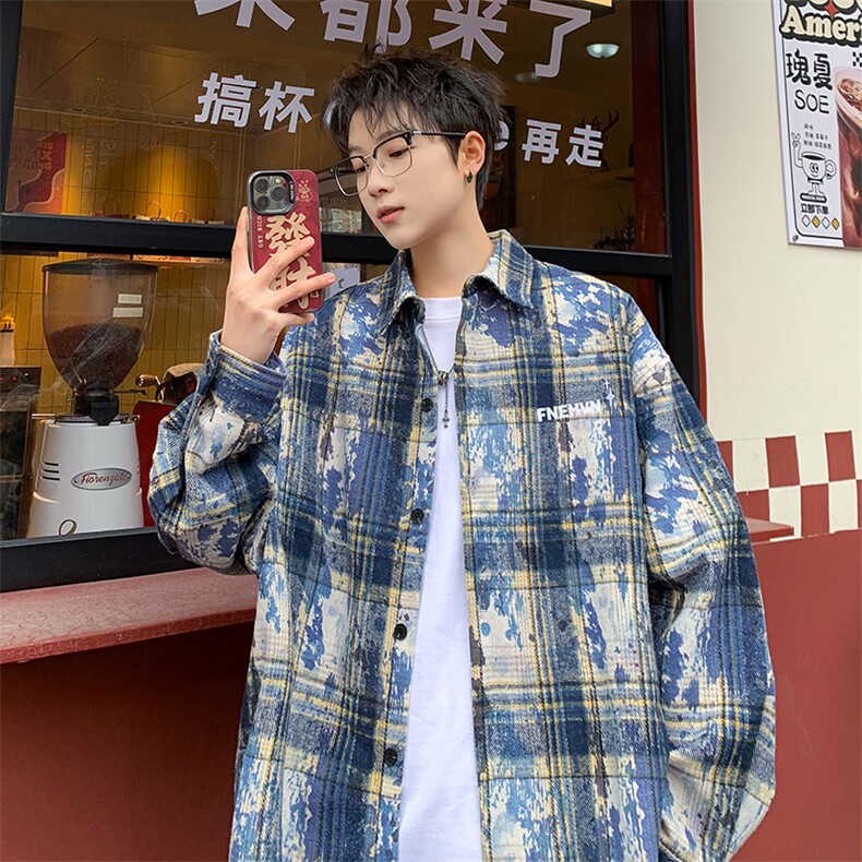 衬衫男春季新款港风宽松大码扎染长袖衬衣CS3098-特P30，男装衬衫，星座214-3