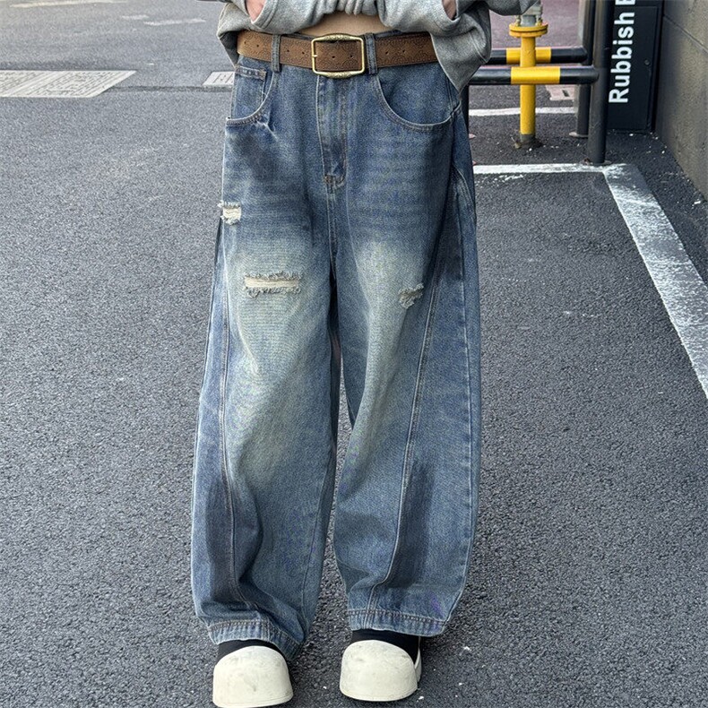 611-3 BK0098 TP55 弯刀阔腿拼接解构破洞喷绘做旧男女2牛仔裤图片