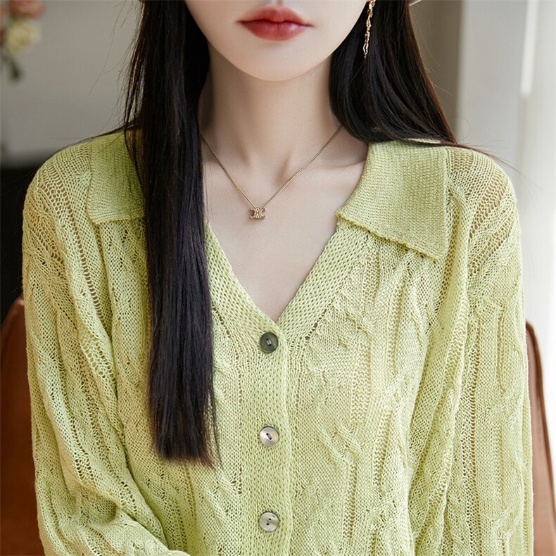 25春秋莱赛尔天丝针织毛衣开衫女POLO领镂空提花长袖宽松外套上衣,女装蕾丝衫/雪纺衫,暖烁羊绒