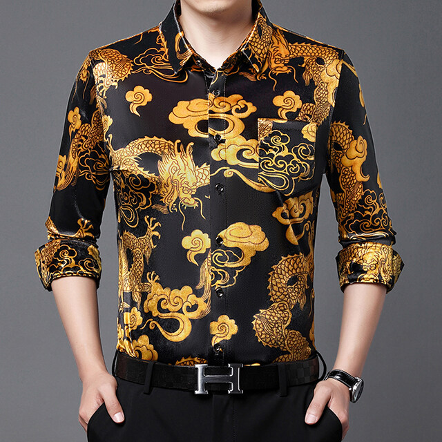 男士长袖金丝绒衬衫真口袋花衬衫衣春秋中年宽松弹力,男装衬衫,钱塘6003（原4033）